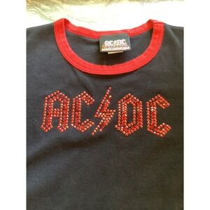 AC/DC Rockware Dragonfly Clothing Ringer Tee Black Red Rhinestone Logo 2004 Med